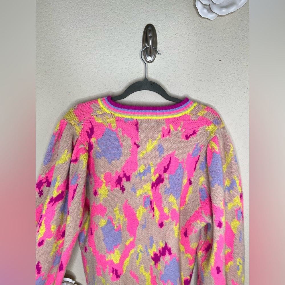 NTM Jodifl Abstract Print Sweater Neon Pink Taupe Balloon Sleeve Pullover Size L - Picture 12 of 16